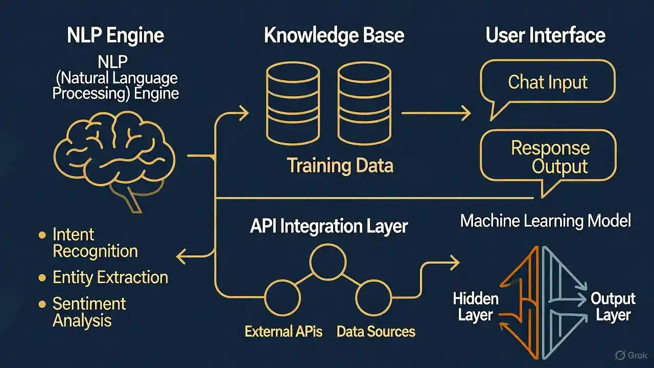Infográfico detalhado da arquitetura interna de chatbot com IA mostrando componentes: processamento de linguagem natural, base de conhecimento, integração via API e modelo de machine learning