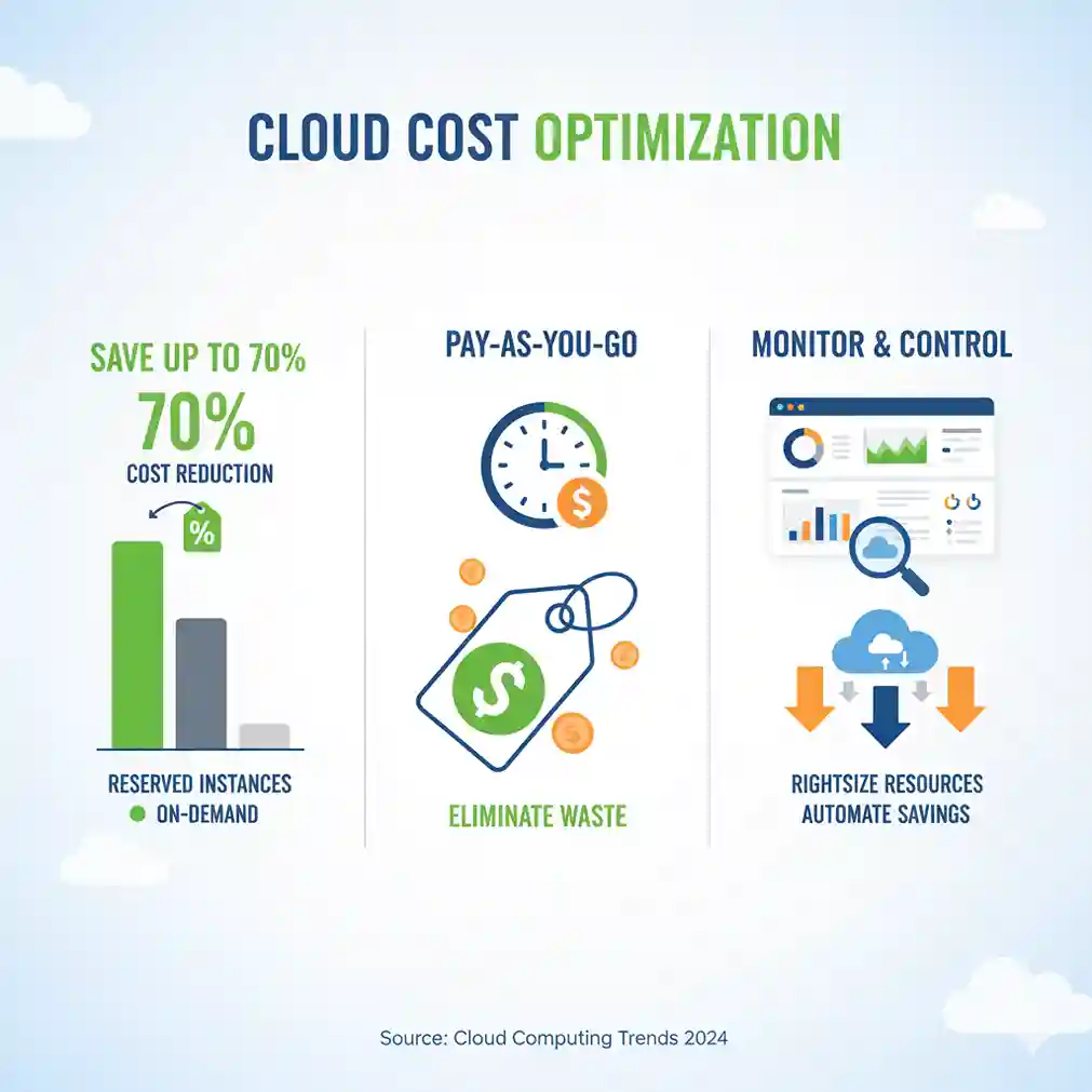 Infográfico sobre otimização de custos em cloud computing mostrando reserved instances, monitoramento e tagging