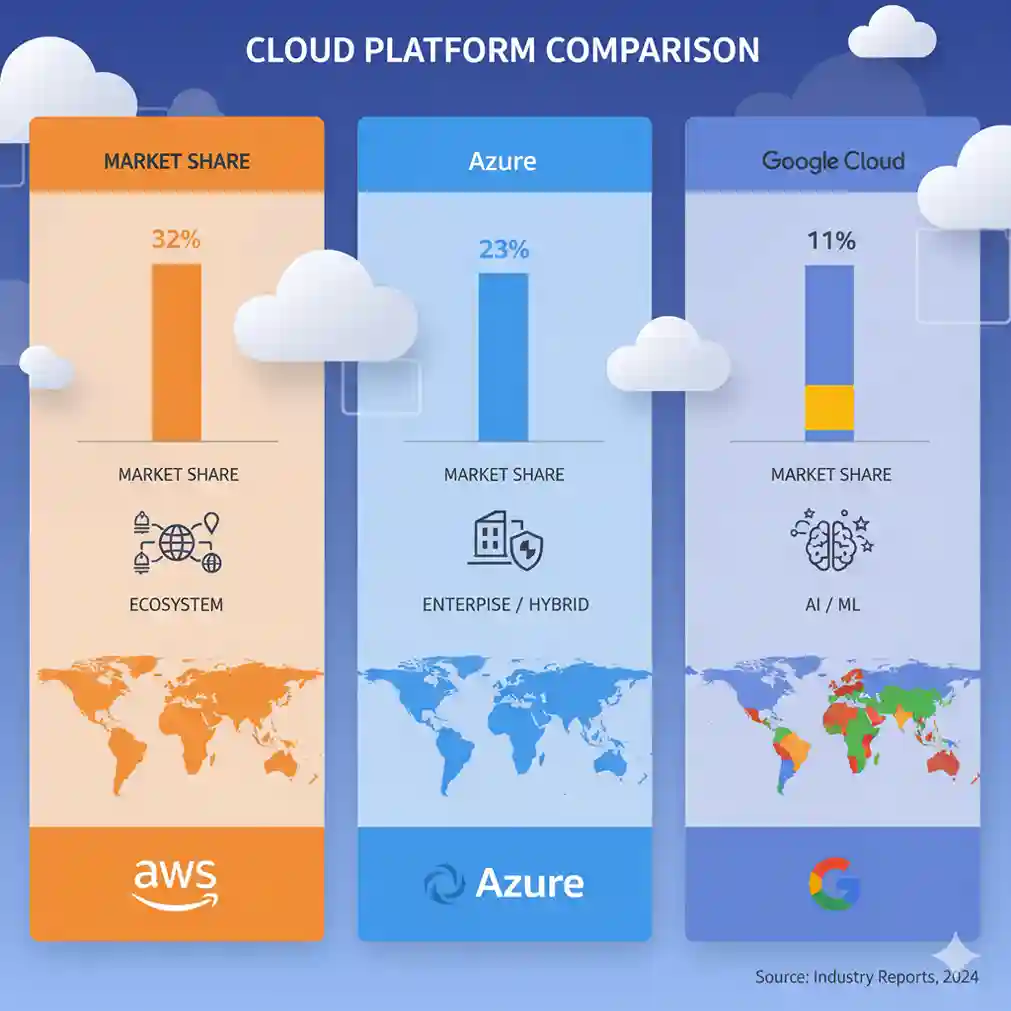 Gráfico comparativo das três maiores plataformas de cloud computing: AWS, Azure e Google Cloud mostrando market share, regiões e pontos fortes