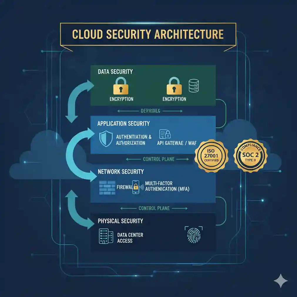 Diagrama de arquitetura de segurança em cloud computing mostrando criptografia, firewalls, controle de acesso e compliance