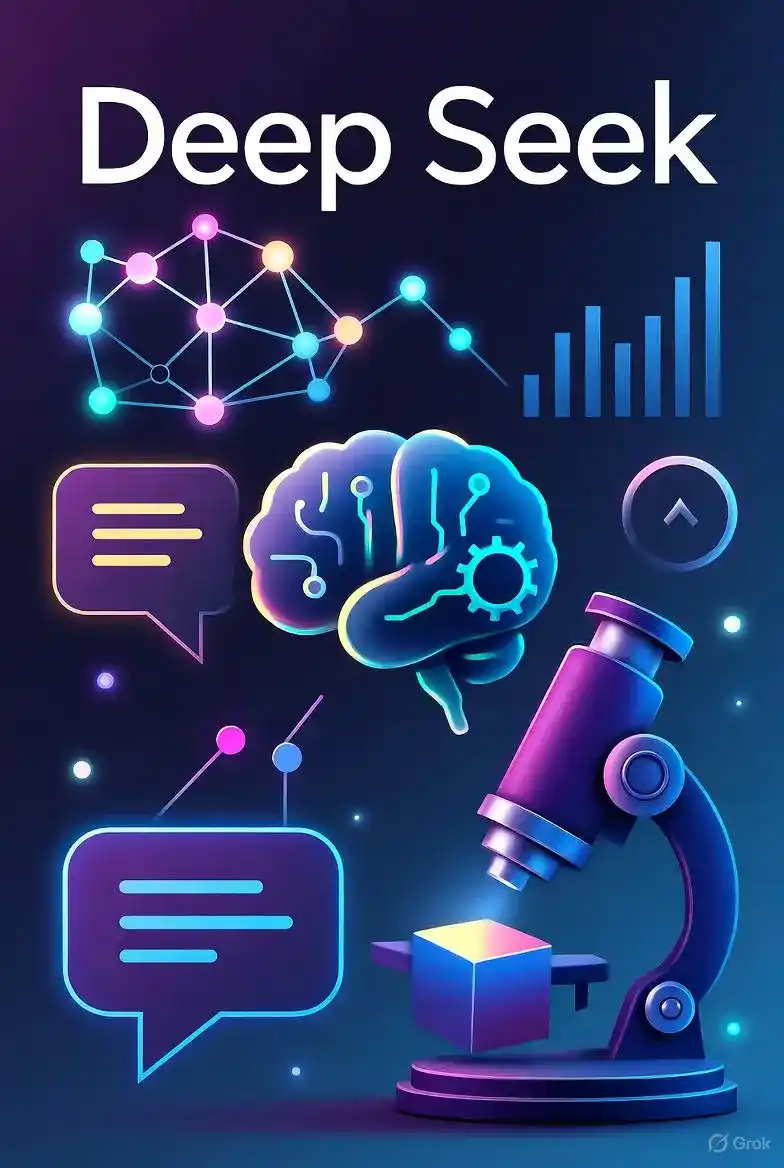 Ilustração vertical com o texto 'Deep Seek' no topo. Abaixo, ícones neon brilhantes representando um cérebro digital com engrenagens (IA e machine learning), balões de fala (processamento de linguagem natural), um microscópio digital focado em um cubo de dados, um gráfico de barras (análise de dados) e uma rede de pontos conectados, simbolizando inovação e busca de insights.