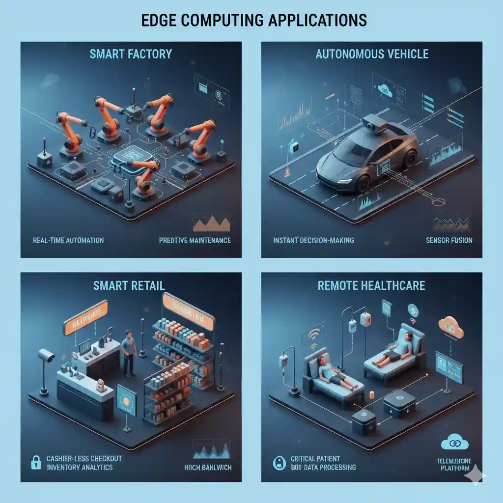 Casos reais de Edge Computing em fábrica inteligente, veículos autônomos, varejo e saúde - aplicações práticas com processamento local