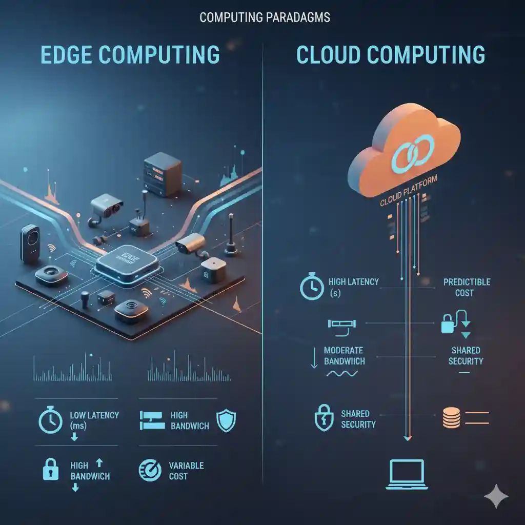 Comparação visual entre Edge Computing e Cloud Computing mostrando diferenças em latência, banda, custo e segurança - arquitetura distribuída vs centralizada