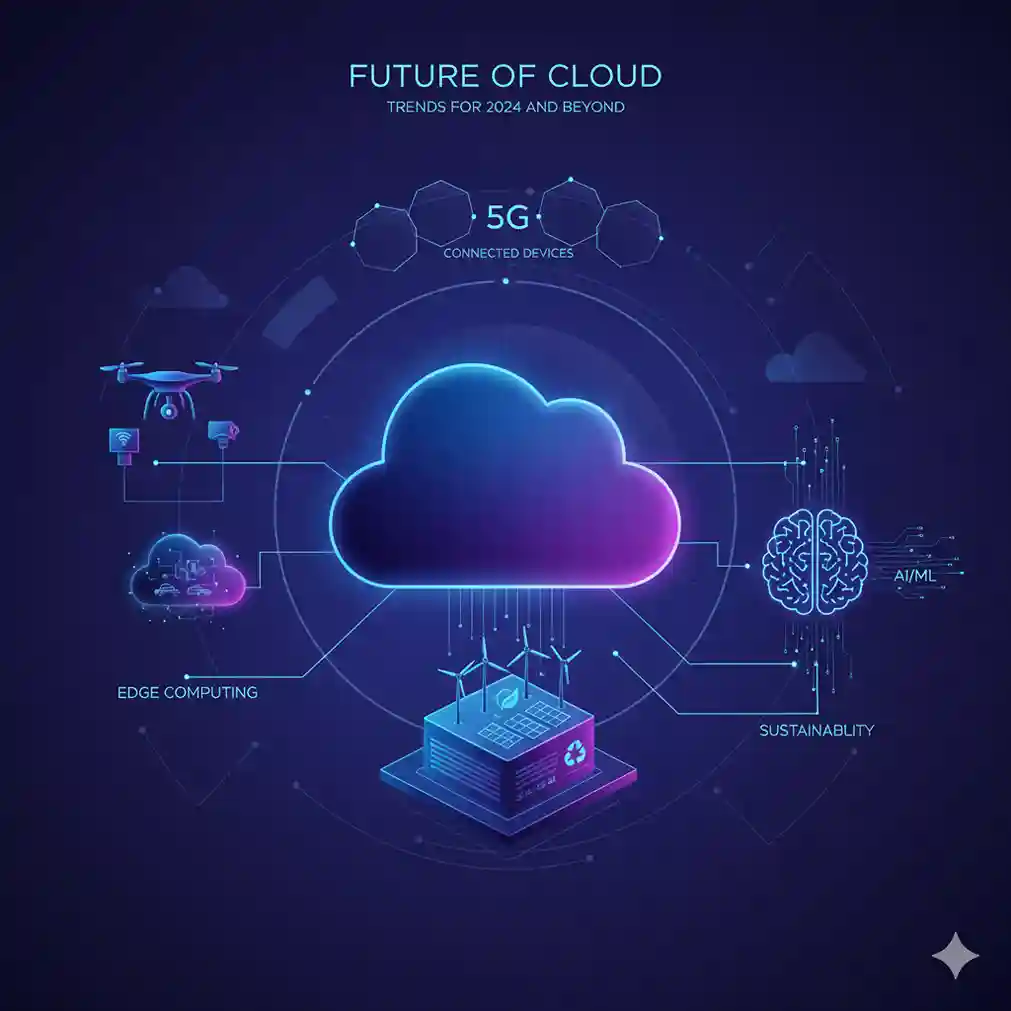 Visão do futuro da computação em nuvem mostrando edge computing, IA integrada e sustentabilidade