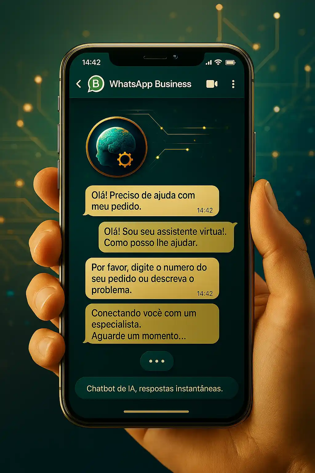 Smartphone com conversa de chatbot no WhatsApp