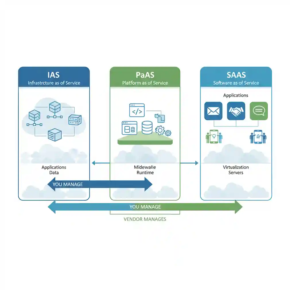 Diagrama comparativo mostrando as diferenças entre Infrastructure as a Service, Platform as a Service e Software as a Service em cloud computing