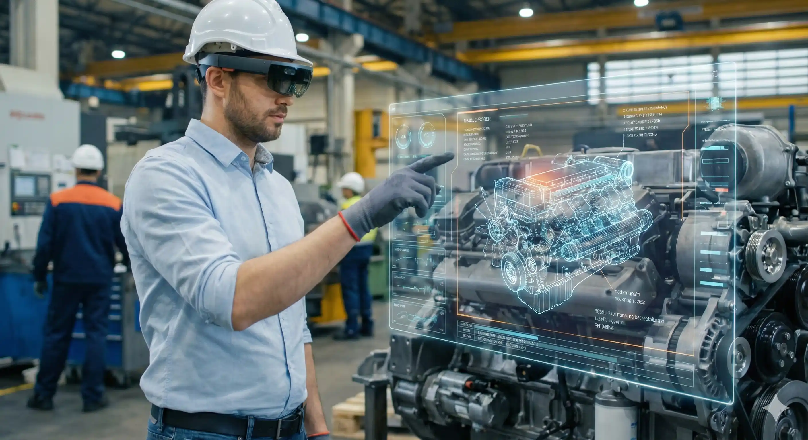 Engenheiro usando óculos de realidade aumentada (AR) inspecionando motor com dados holográficos sobrepostos em ambiente industrial