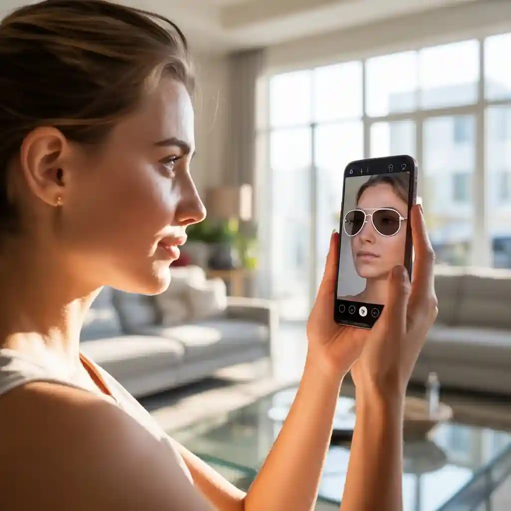Smartphone exibindo aplicativo de Realidade Aumentada com provador virtual de óculos de sol em ambiente moderno